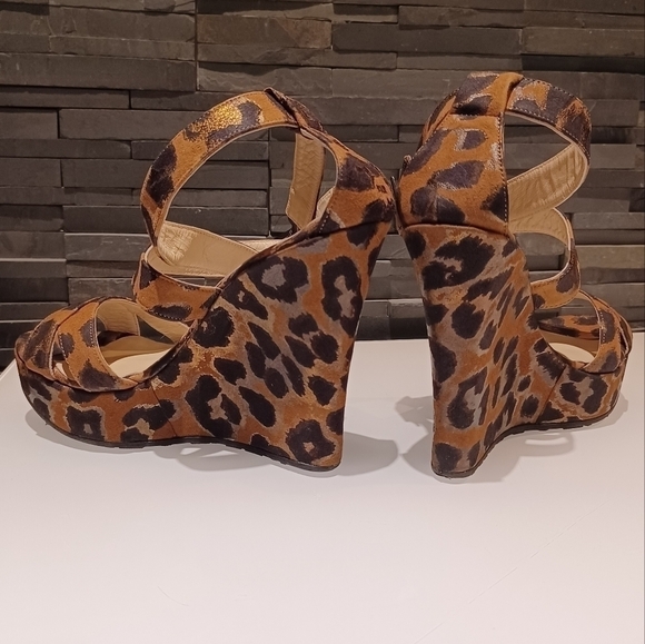 Jimmy CHOO leopard fabric print strappy anckle sandals platforms wedges - Picture 9 of 10